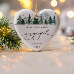 Engaged Ornament – Mountain Design, Personalized First Christmas Gift for Couples