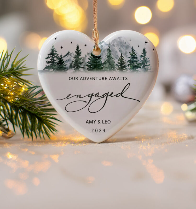 Engaged Ornament – Mountain Design, Personalized First Christmas Gift for Couples