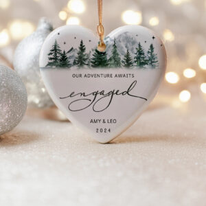 Engaged Ornament – Mountain Design, Personalized First Christmas Gift for Couples
