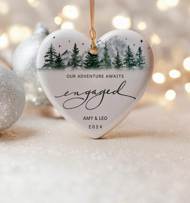 Engaged Ornament – Mountain Design, Personalized First Christmas Gift for Couples