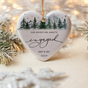 Engaged Ornament – Mountain Design, Personalized First Christmas Gift for Couples
