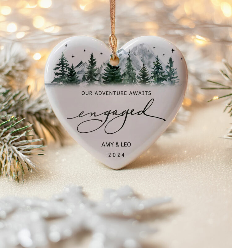 Engaged Ornament – Mountain Design, Personalized First Christmas Gift for Couples